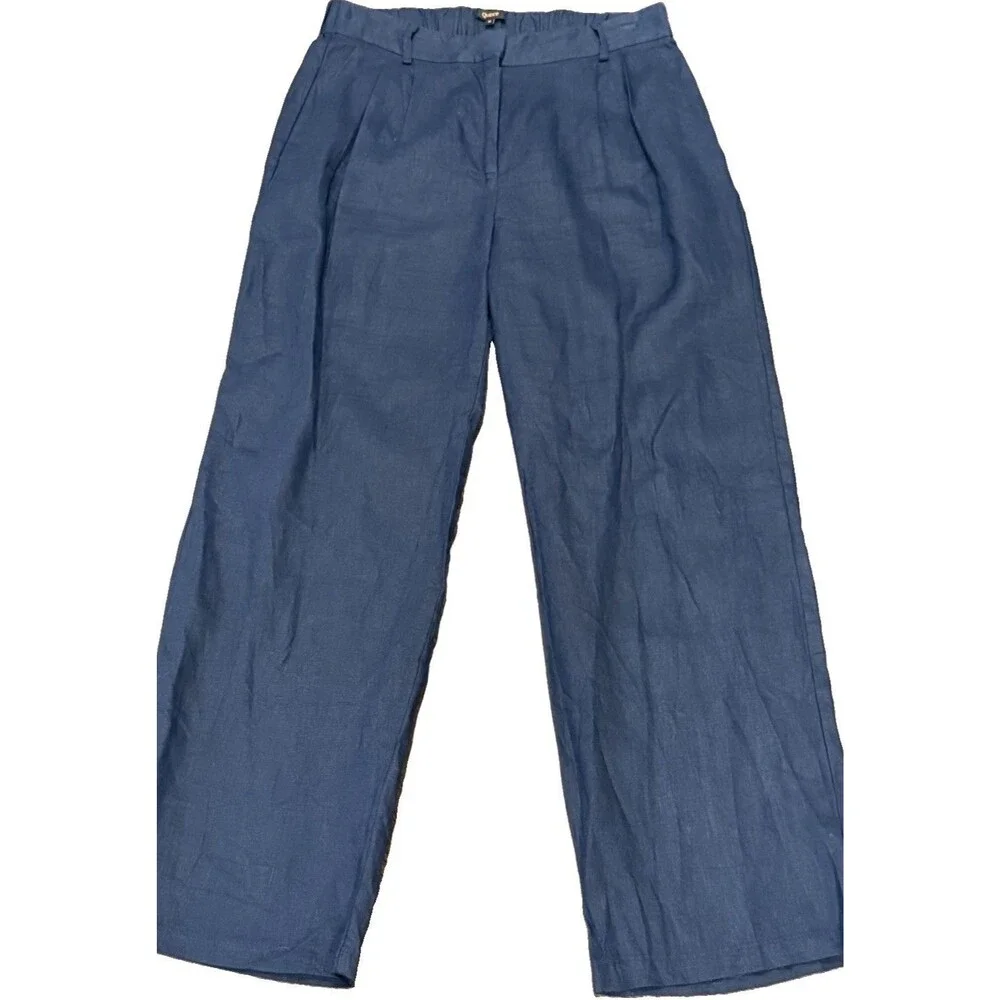 Quince 100% European Linen Navy Blue Pleated Trousers Women Sz 12 High Rise EUC